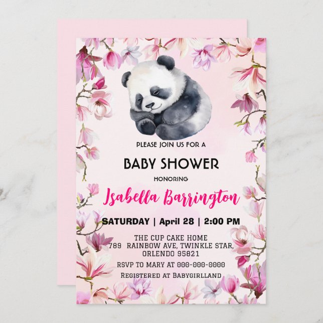 Invitación Pink Cute baby Panda flores bebé ducha niños (Anverso / Reverso)
