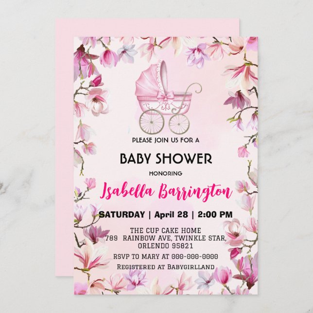 Invitación Pink Cute baby strot flores bebé ducha niños (Anverso / Reverso)