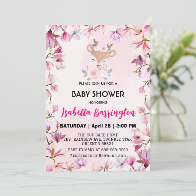 Invitación Pink Cute deer faing dulce flor bebé ducha niños (Anverso de pie)