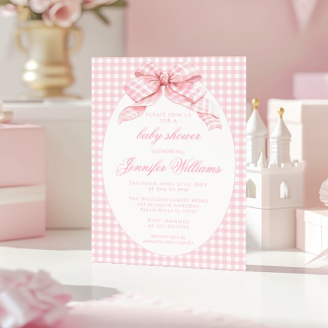 Invitación Pink Cute Gingham Coquette Bow Girl Shower (Subido por el creador)