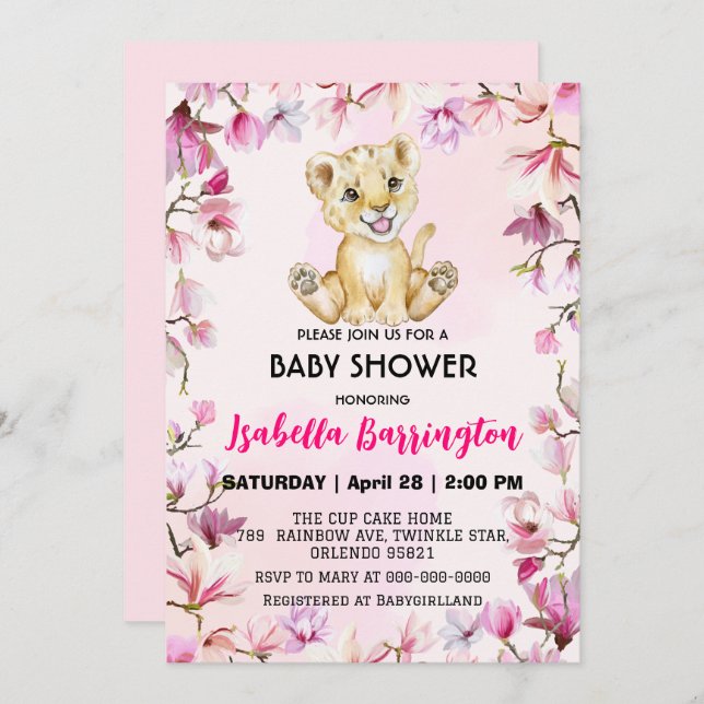Invitación Pink Cute Lion cubb flores silvestres bebé ducha n (Anverso / Reverso)