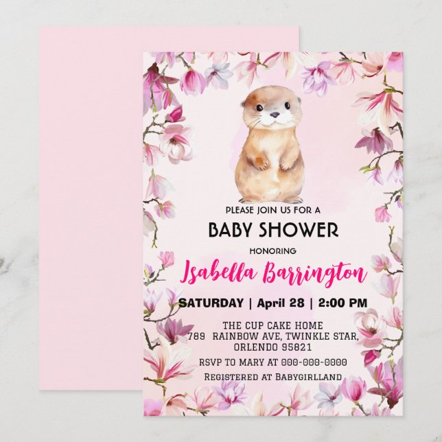 Invitación Pink Cute Otter cum flores silvestres bebé ducha n (Anverso / Reverso)