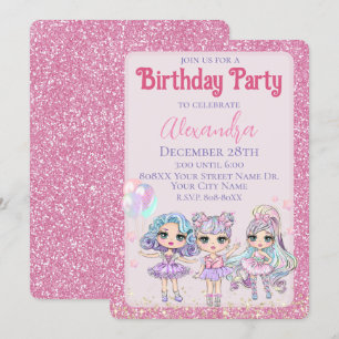 Invitación Pink Cute Purpurina Dolls Chica fiesta de cumpleañ