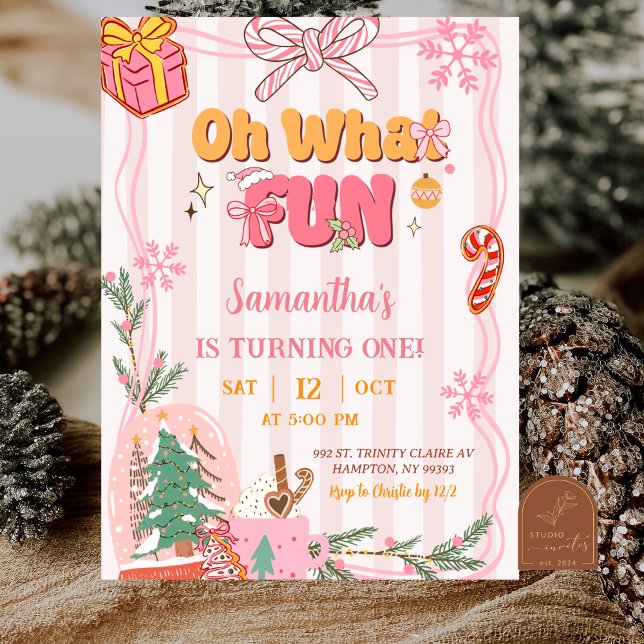 Invitación Pink Cute Retro Christmas Winter 1st Birthday (Subido por el creador)