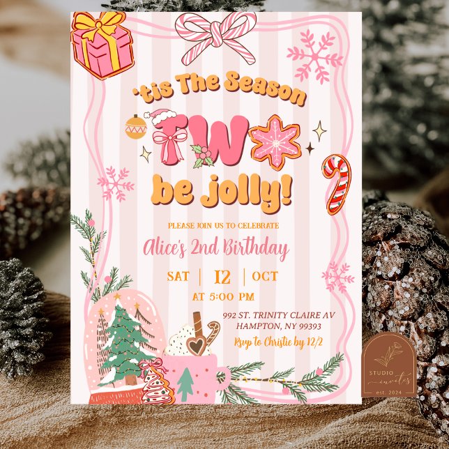 Invitación Pink Cute Retro Christmas Winter 2nd Birthday (Subido por el creador)