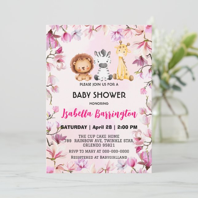 Invitación Pink Cute salvaje cachorro safari flores bebé duch (Anverso de pie)