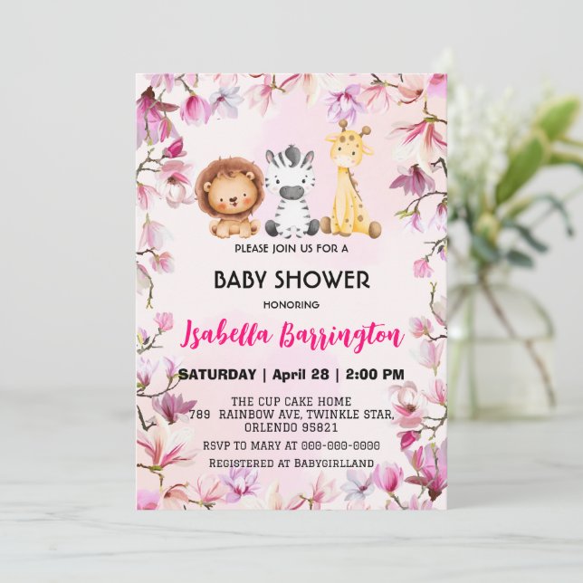 Invitación Pink Cute salvaje cachorro safari flores bebé duch (Anverso de pie)