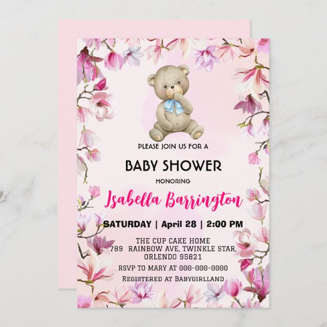 Invitación Pink Cute tededdy oso niño flores bebé ducha niños (Anverso / Reverso)