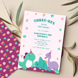 Invitación Pink Cute tres-rex cumpleaños de un tercer dinosau