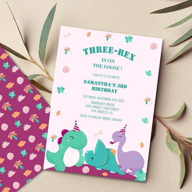 Invitación Pink Cute tres-rex cumpleaños de un tercer dinosau (Subido por el creador)