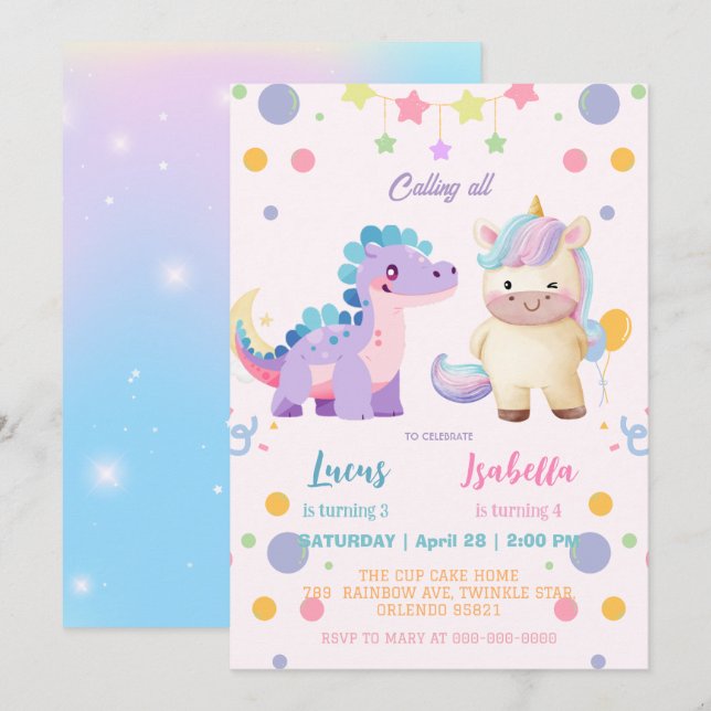 Invitación Pink Cute Unicorn dinosaurios arco iris Fiesta de  (Anverso / Reverso)
