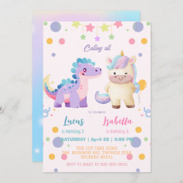 Invitación Pink Cute Unicorn dinosaurios arco iris Fiesta de