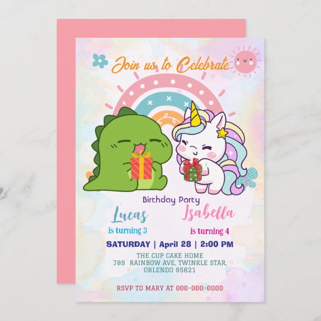Invitación Pink Cute Unicorn dinosaurios arco iris Fiesta de  (Anverso / Reverso)