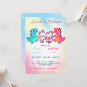 Invitación Pink Cute Unicorn dinosaurios arco iris Fiesta de