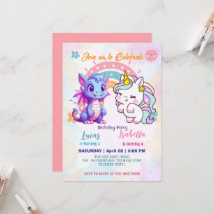 Invitación Pink Cute Unicorn dinosaurios arco iris Fiesta de 