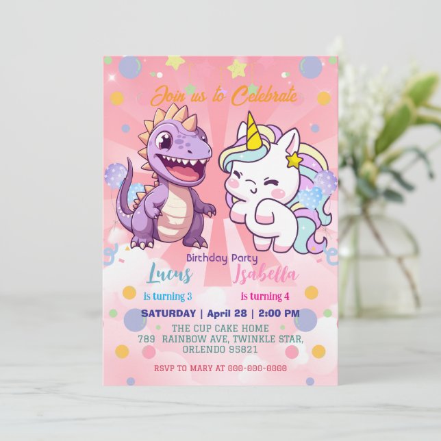 Invitación Pink Cute Unicorn dinosaurios arco iris Fiesta de  (Anverso de pie)