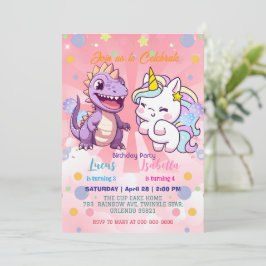 Invitación Pink Cute Unicorn dinosaurios arco iris Fiesta de