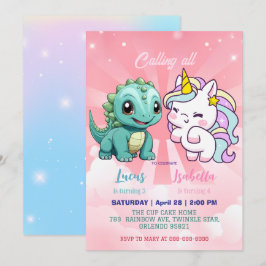 Invitación Pink Cute Unicorn dinosaurios arco iris Fiesta de