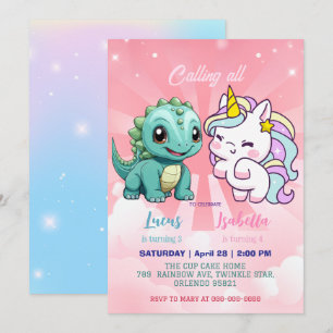 Invitación Pink Cute Unicorn dinosaurios arco iris Fiesta de 