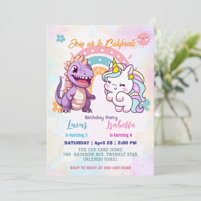 Invitación Pink Cute Unicorn dinosaurios arco iris Fiesta de  (Anverso de pie)