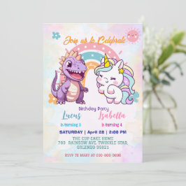 Invitación Pink Cute Unicorn dinosaurios arco iris Fiesta de