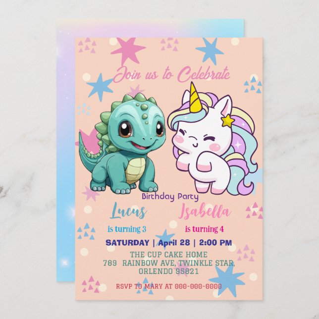 Invitación Pink Cute Unicorn dinosaurios arco iris Fiesta de  (Anverso / Reverso)