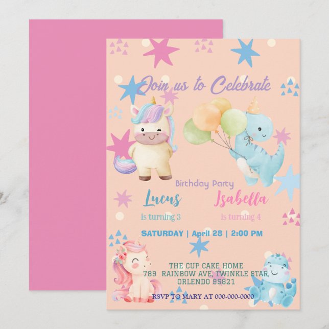 Invitación Pink Cute Unicorn dinosaurios arco iris Fiesta de  (Anverso / Reverso)