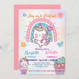 Invitación Pink Cute Unicorn dinosaurios arco iris Fiesta de
