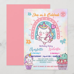 Invitación Pink Cute Unicorn dinosaurios arco iris Fiesta de 