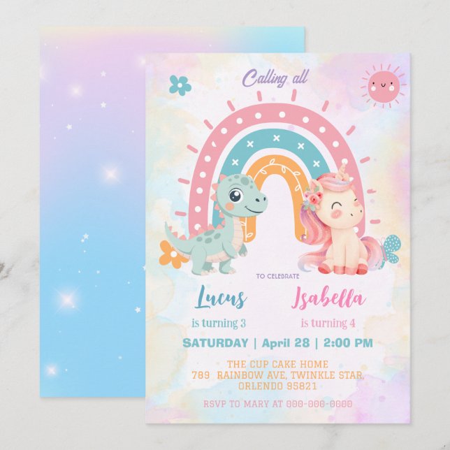 Invitación Pink Cute Unicorn dinosaurios arco iris Fiesta de  (Anverso / Reverso)