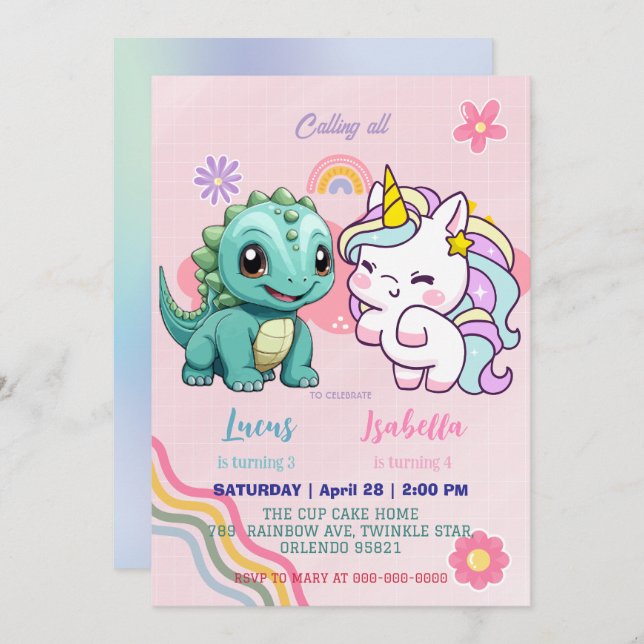Invitación Pink Cute Unicorn dinosaurios arco iris Fiesta de  (Anverso / Reverso)