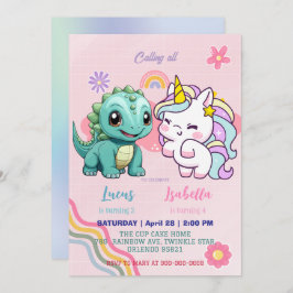 Invitación Pink Cute Unicorn dinosaurios arco iris Fiesta de