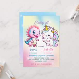 Invitación Pink Cute Unicorn dinosaurios arco iris Fiesta de