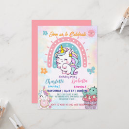 Invitación Pink Cute Unicorn dinosaurios arco iris Fiesta de