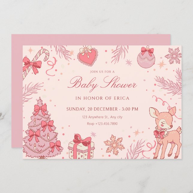 Invitación Pink cute winter baby shower (Anverso / Reverso)