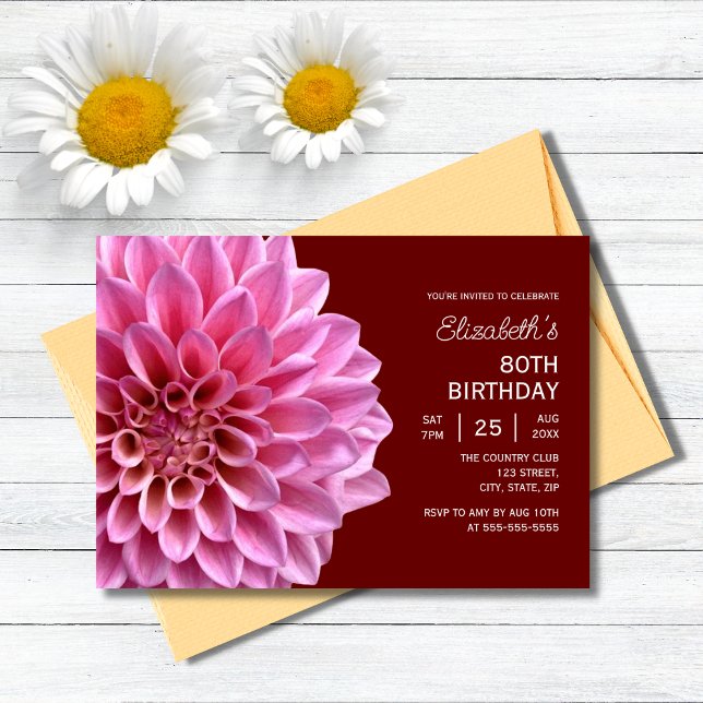 Invitación Pink Dahlia Floral caída Borgoña 80 cumpleaños (Subido por el creador)