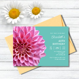 Invitación Pink Dahlia Floral Turquoise 40 cumpleaños