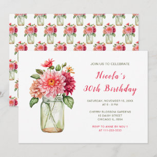 Invitación Pink Dahlias Mason Jar Birthday Party