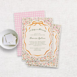 Invitación Pink Dainty Flowers and Orange Bow Baby Shower