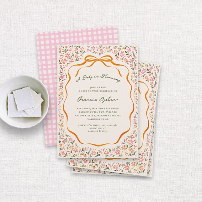 Invitación Pink Dainty Flowers and Orange Bow Baby Shower (pretty watercolor drawn florals and an orange bow and ribbon frame cottage baby shower invitation)