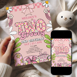 Invitación Pink Daisy 2nd Birthday Retro Birthday