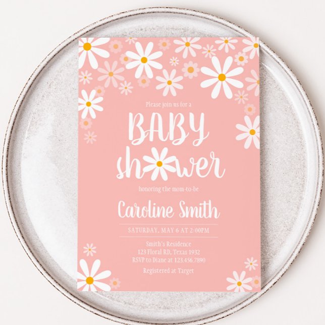 Invitación Pink Daisy Baby Shower (Pink Boho Daisy Baby Shower Invitation 
)