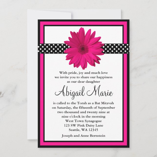 Invitación Pink Daisy Black Polka Dots Bat Mitzvah (Anverso)