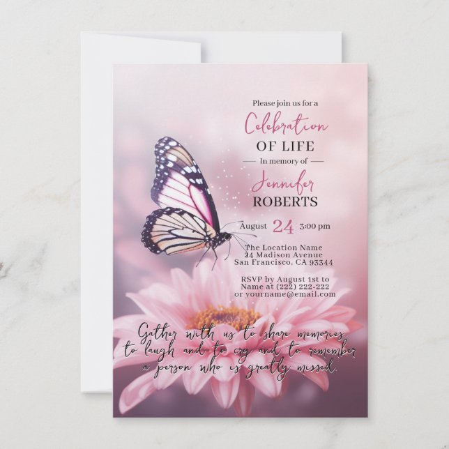 Invitación Pink Daisy Butterfly Celebration of Life | PHOTO (Anverso)