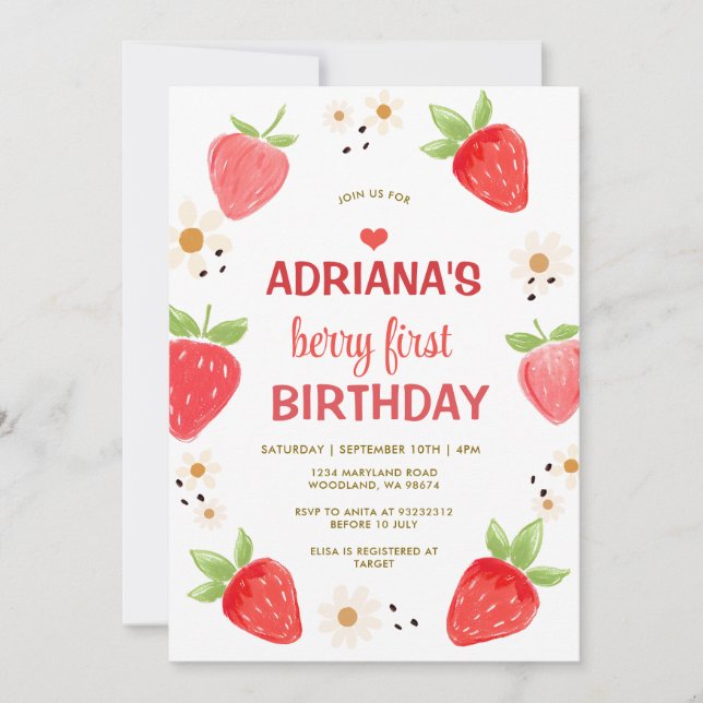 Invitación Pink Daisy Floral Gingham Berry First Birthday (Anverso)
