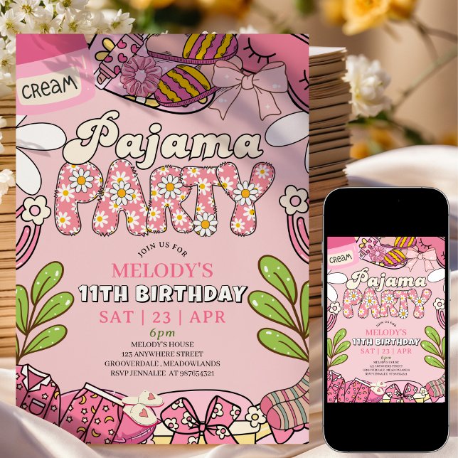 Invitación Pink Daisy Pajama Party Birthday  (Subido por el creador)
