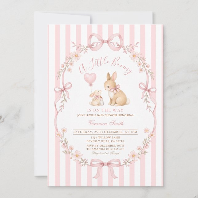 Invitación Pink Daisy Striped Bunny Baby Shower (Anverso)
