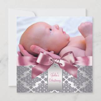 Invitación Pink Damask Baby Photo Christening