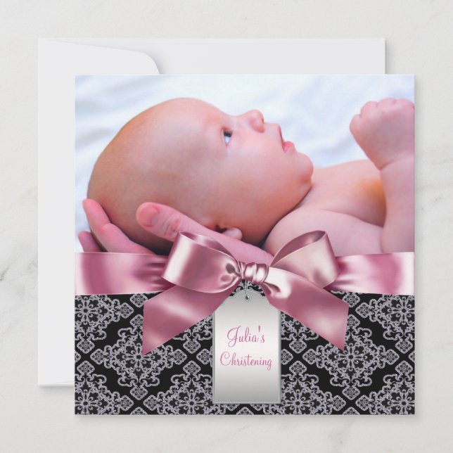 Invitación Pink Damask Baby Photo Christening (Anverso)