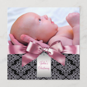 Invitación Pink Damask Baby Photo Christening